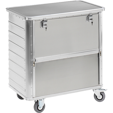 Silver service cart with two doors, wheels, and two locks.
