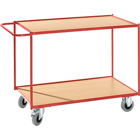 A red serving cart with two wooden shelves and four wheels. A handle is on one side.