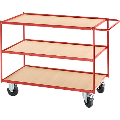 Red serving cart with three tiers and wooden shelves. It has four wheels and a handle.