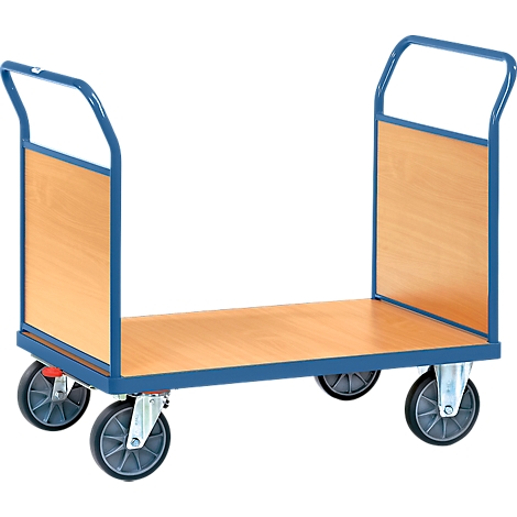 Transport cart with blue frame, four wheels and wooden floor.