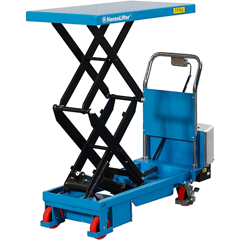 Blue lifting table with black scissor arms and red tires. The table bears the "HanseLifter" logo.