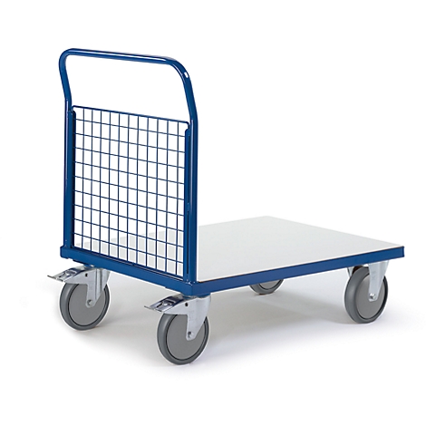 Blue, rectangular transport cart with four gray wheels, white loading area and wire mesh.