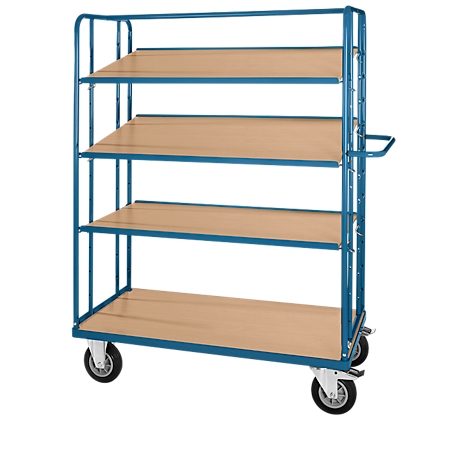 Blue rolling shelf with four wooden shelves and four wheels, against a white background.