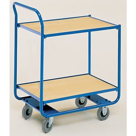 Blue painted transport trolley with two wooden shelves and four gray wheels.