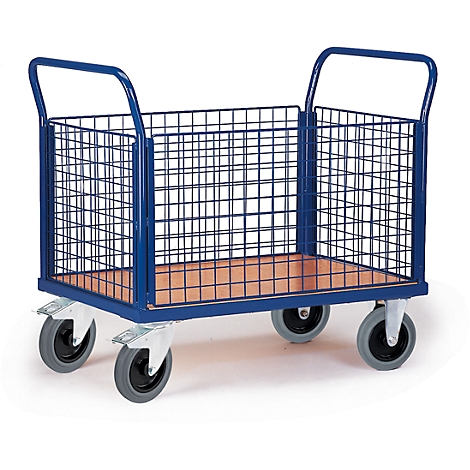 Blue transport cart with wire mesh walls, wooden floor, and four wheels. Top handles for pushing or pulling.