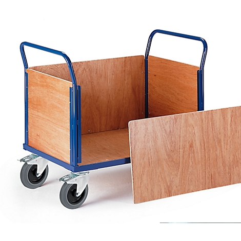 Wooden cart with blue handles and wheels. One side panel is removed.
