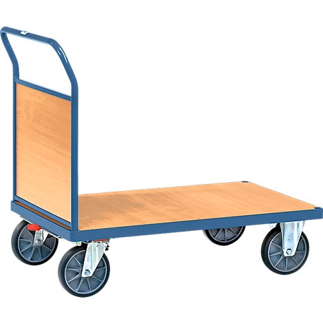 Blue-gray transport cart with wooden board and four wheels. Upright handle.