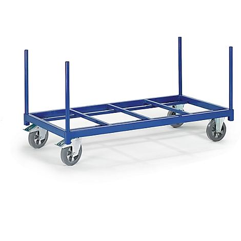 Blue cart with wheels. Upright poles, rectangular frame. Four grey wheels, white background.