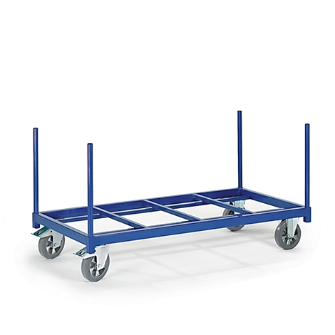 Blue cart on white background, four wheels.