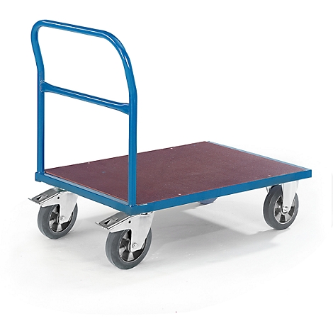 Blue platform trolley with red loading area. Four wheels, high handle.