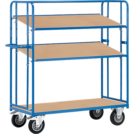 Blue transport cart with three wooden shelves on wheels.
