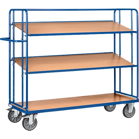Blue rolling cart with three wooden shelves. Gray wheels.