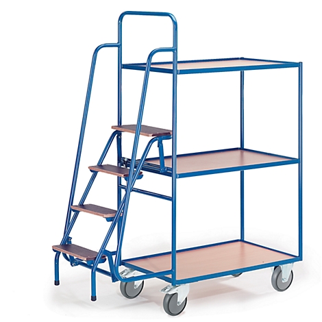 Blue shelf with ladder and wheels, with three levels and wooden shelves.