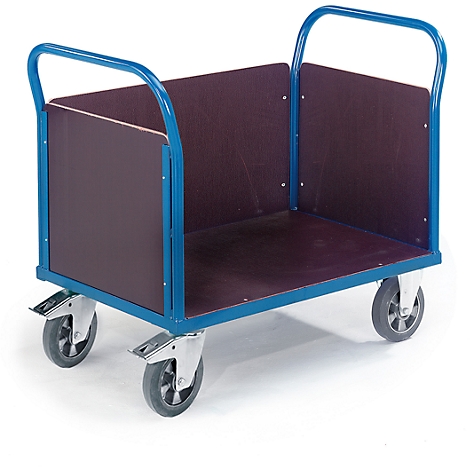 A blue metal transport cart with a brown loading area and four wheels.