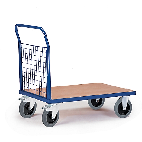 Blue transport cart with wooden plate, four wheels and grid wall.