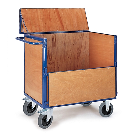 Blue transport cart with wooden box, open lid and four wheels.