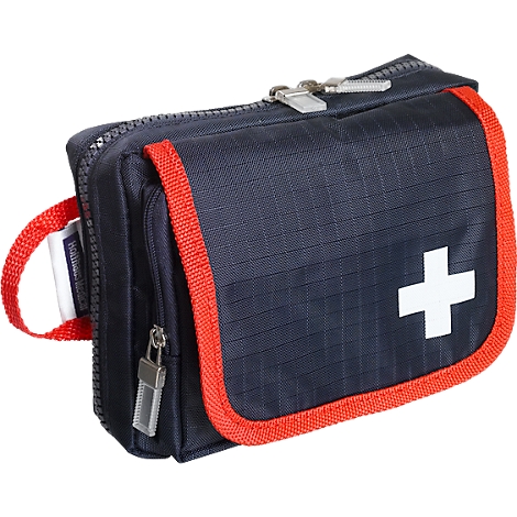Trousse de premiers secours bleu foncé avec croix blanche et accents rouges.