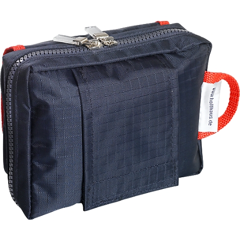 Sac bleu foncé avec fermeture éclair et poignée rouge. www.holthaus.de est écrit sur la poignée.
