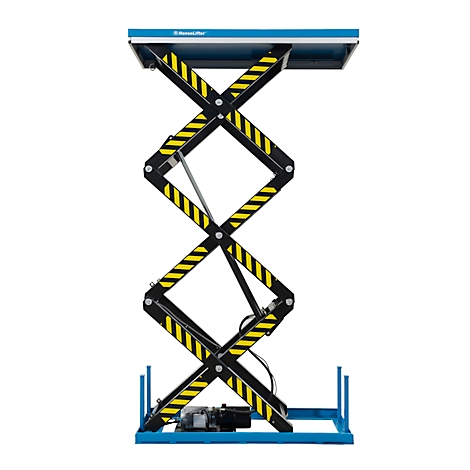 A blue scissor lift. Black struts with yellow stripes are connected by a mechanical system. The top platform reads "Hauslifter."