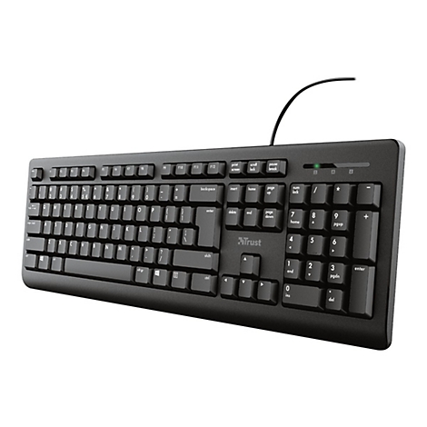 Schwarze kabelgebundene Trust Tastatur mit Standard-Layout und Ziffernblock vor weißem Hintergrund.