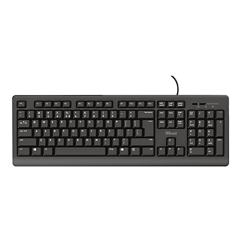 Schwarze kabelgebundene Trust-Tastatur mit Standard-Layout und Nummernblock vor weißem Hintergrund.