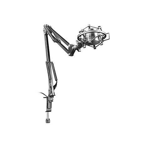 Schwarzer Gelenk-Mikrofonarm mit silberner Spinne, befestigt an einer Tischklemme, vor weißem Hintergrund.