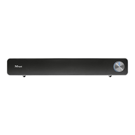 Schwarze Trust Soundbar mit rundem Lautstärkeregler und blauer LED-Anzeige vor weißem Hintergrund.