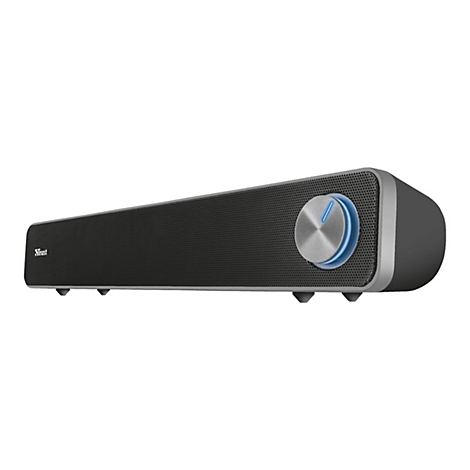 Schwarze, längliche Trust Soundbar mit leisuchtendem blauen Drehknopf auf der rechten Seite.
