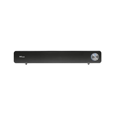 Schwarze Soundbar mit silbernem Regler und Trust-Logo, auf weiÃŸem Hintergrund.