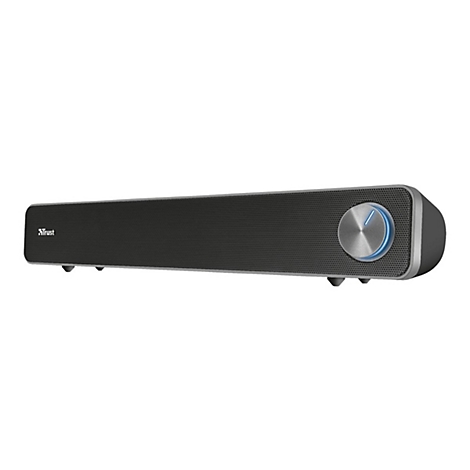 Schwarze Trust Soundbar vor weißem Hintergrund mit silbernem Drehregler und blauer LED.