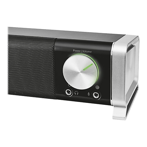 Detailansicht einer Soundbar mit silbernem Lautstärkeregler, grüner LED-Anzeige und Anschlüssen für Kopfhörer und Mikrofon.