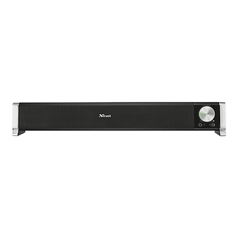 Schwarze Trust Soundbar mit seitlichem Lautstärkeregler und Kopfhöreranschluss vor weißem Hintergrund.
