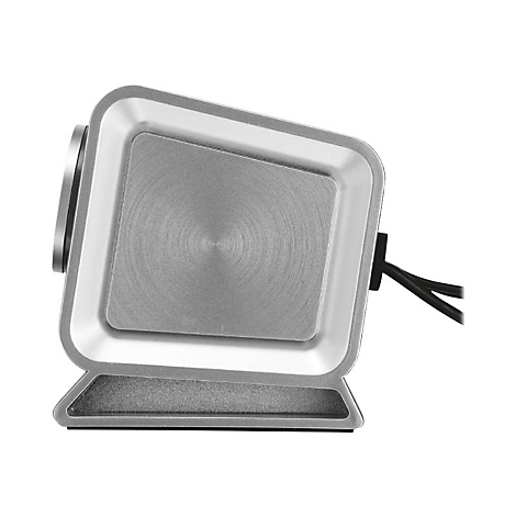 Nahaufnahme einer quadratischen, silbernen LED-Leuchte mit gebürsteter Metalloberfläche und einem schwarzen Stromkabel.