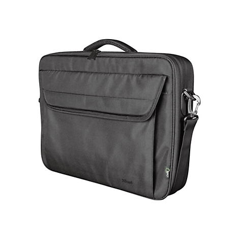 Schwarze Laptoptasche von Trust mit Tragegriff, Klappe vorne und RPET-Label auf weißem Hintergrund.