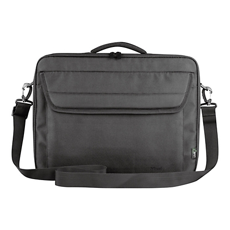 Schwarze Laptoptasche mit verstellbarem Schultergurt und Reißverschluss vor weißem Hintergrund.
