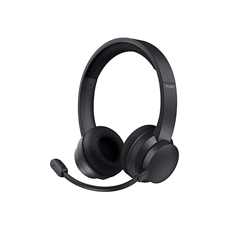 Schwarzes Trust Headset mit Mikrofonarm und gepolsterten Ohrmuscheln auf weißem Hintergrund.