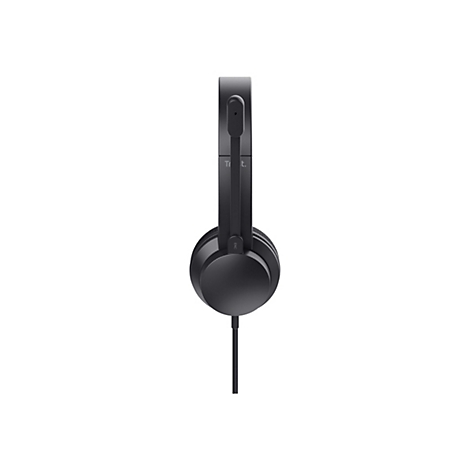 Schwarzes kabelgebundenes Headset in der Seitenansicht vor weißem Hintergrund.