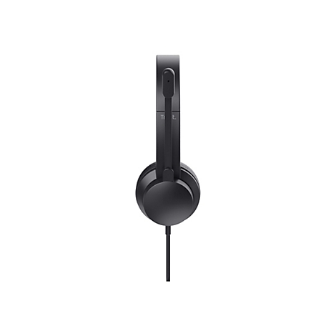 Schwarzes On-Ear-Headset mit Kabel und Mikrofonarm in der Seitenansicht vor weißem Hintergrund.