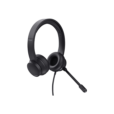 Schwarzes kabelgebundenes Trust Headset mit verstellbarem Mikrofonarm auf weißem Hintergrund.