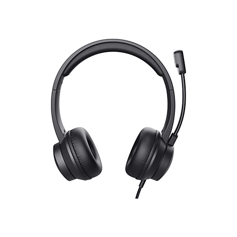 Schwarzes On-Ear-Headset mit Kopfbügel und Mikrofonarm vor weißem Hintergrund.