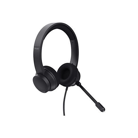 Schwarzes kabelgebundenes Trust-Headset mit Ohrpolstern und verstellbarem Mikrofon vor weißem Hintergrund.