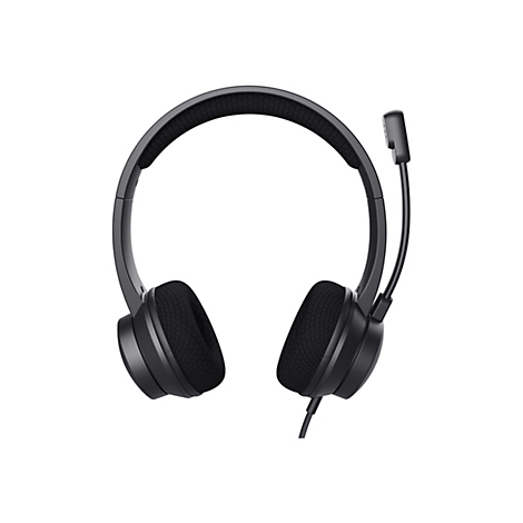 Schwarzes On-Ear-Headset mit Kopfbügel und Mikrofonarm vor weißem Hintergrund.