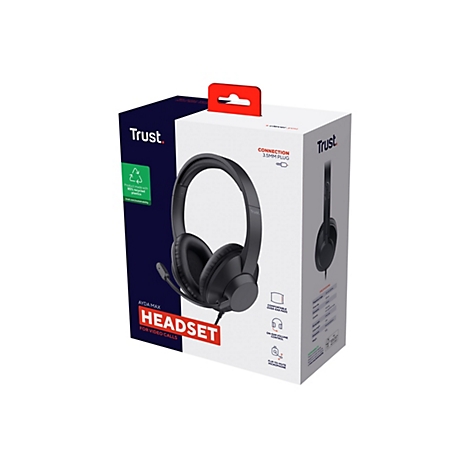 Schwarzes Headset in Verpackung. Die Verpackung zeigt das Produkt, Logos und Angaben zu den Funktionen.