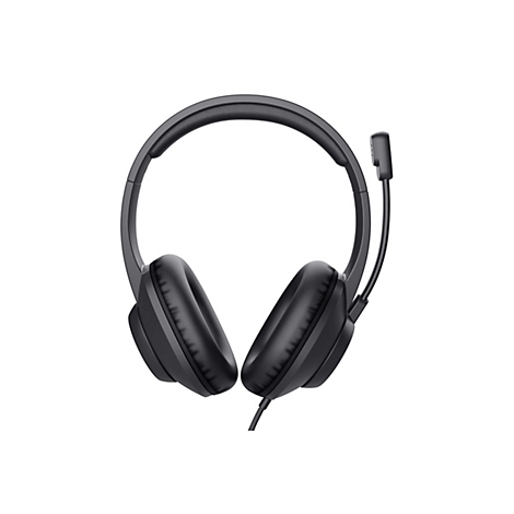 Schwarzes On-Ear-Headset mit gepolsterten Ohrmuscheln und verstellbarem Mikrofonarm vor weißem Hintergrund.