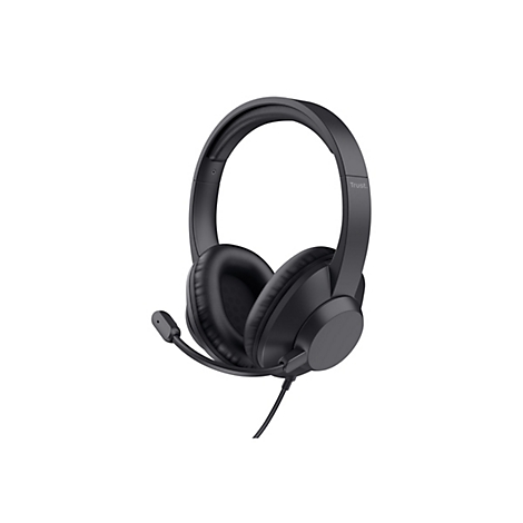 Schwarzes kabelgebundenes Trust-Headset mit gepolsterten Ohrmuscheln und schwenkbarem Mikrofonarm vor weißem Hintergrund.