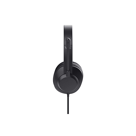 Schwarzes kabelgebundenes Headset von der Seite, vor weißem Hintergrund.