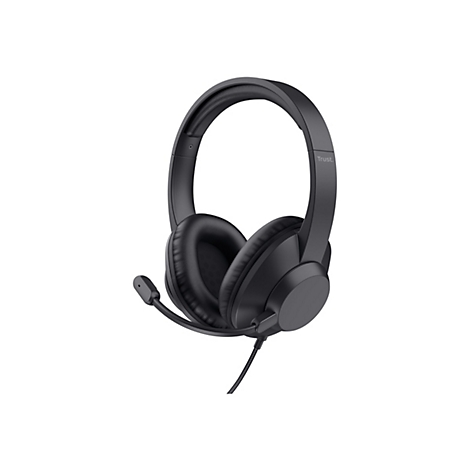 Schwarzes kabelgebundenes Trust-Headset mit Ohrpolstern und schwenkbarem Mikrofon vor weißem Hintergrund.