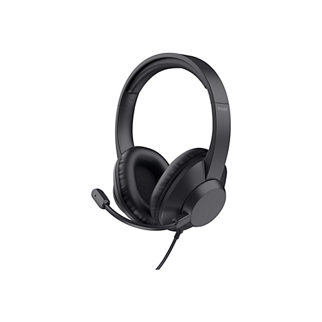 Schwarzes Headset mit Mikrofon und Aufdruck "Trust" am Bügel. Die Ohrmuscheln sind gepolstert, ein Kabel ist am Headset befestigt.