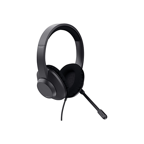 Schwarzes Headset mit Mikrofon. Der Kopfbügel und die Ohrmuscheln sind schwarz. Das Logo "Trust" ist zu sehen.