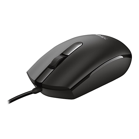 Schwarze, kabelgebundene Computermaus mit glänzender Oberfläche und geriffeltem Scrollrad vor weißem Hintergrund.